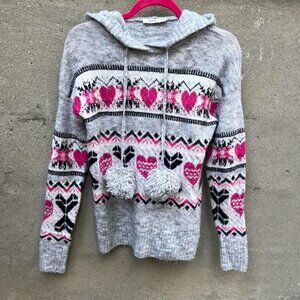 2000s Grey and Pink Printed Pom-Pom Sweater